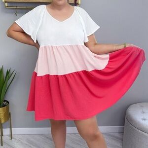 Color Block Dress in White, Light Pink, and Dark Pink
